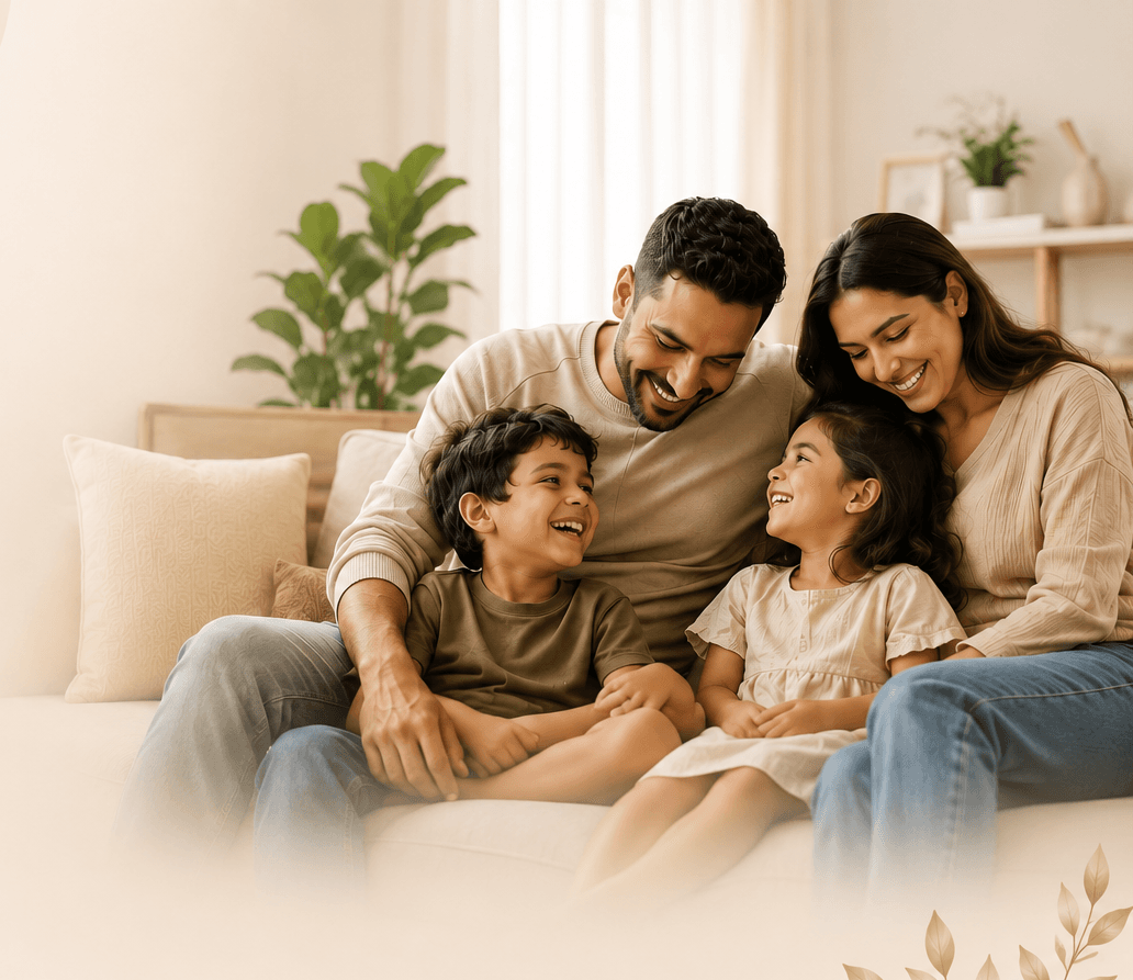 Family relaxing together at home while reading