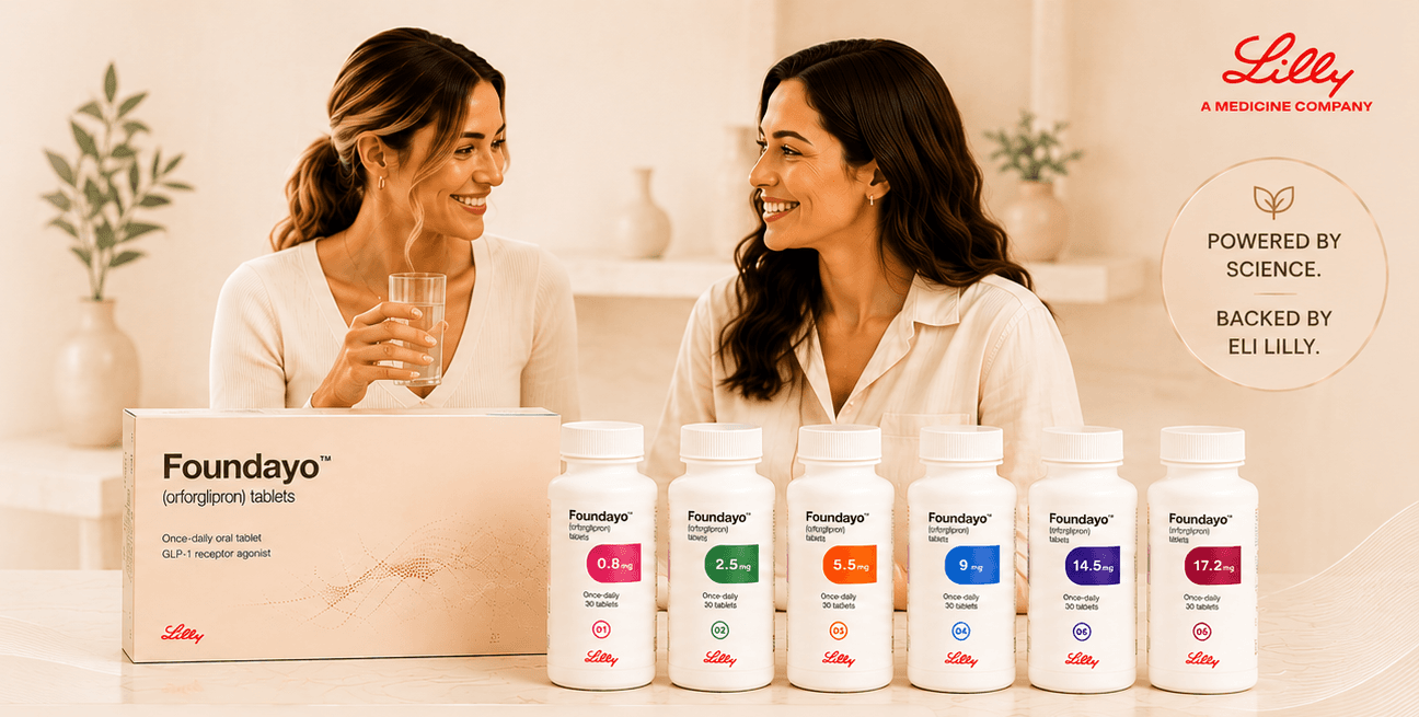 Two women with Foundayo tablet packaging and six dosage bottles